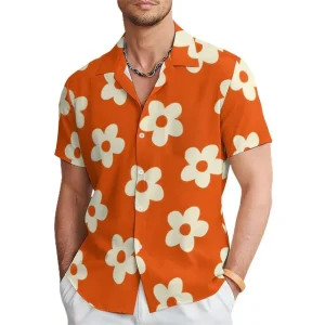 Men’s Floral Print Shirt Bold Orange Short Sleeve Summer Top